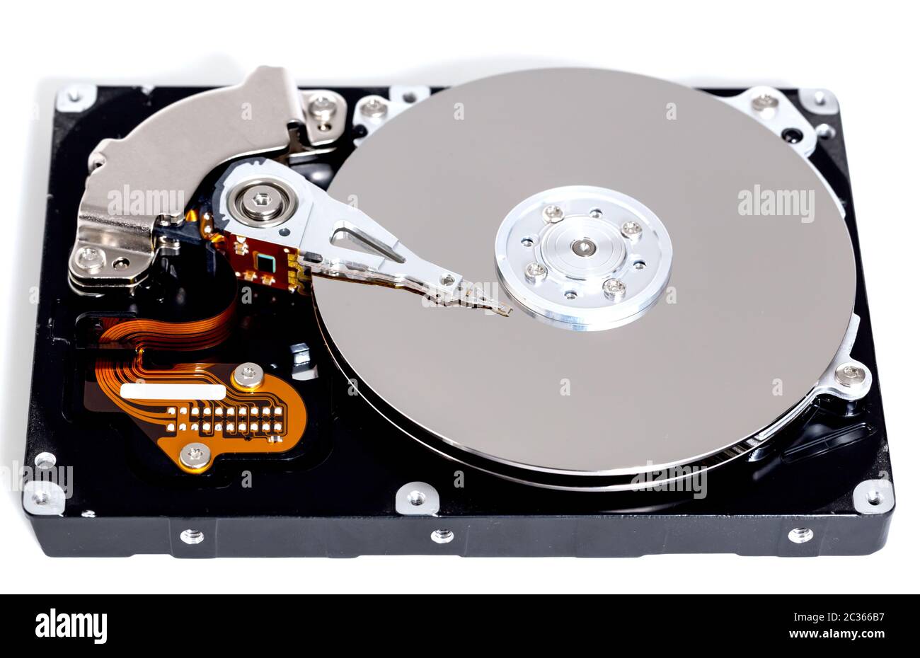 Open hard drive against white background. Stock Photo
