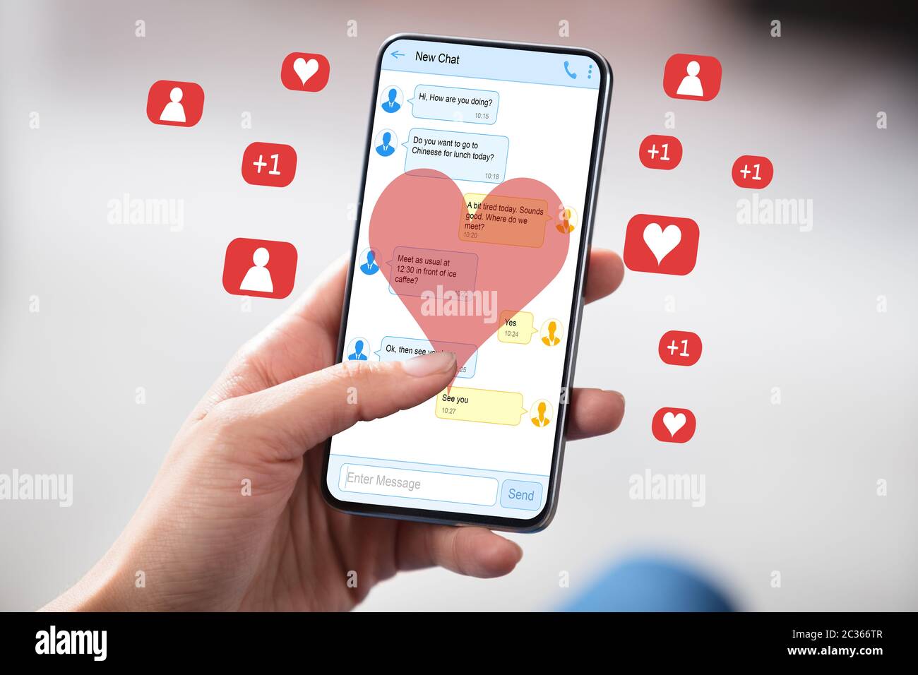 Woman Reading Chats On Mobile Phone Surrounded By Icons And Heart Shapes Stock Photo