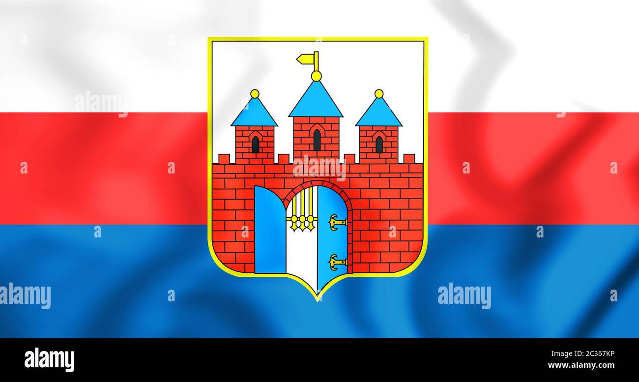 3D Flag of Bydgoszcz (Kuyavian-Pomeranian Voivodeship), Poland. 3D Illustration. Stock Photo