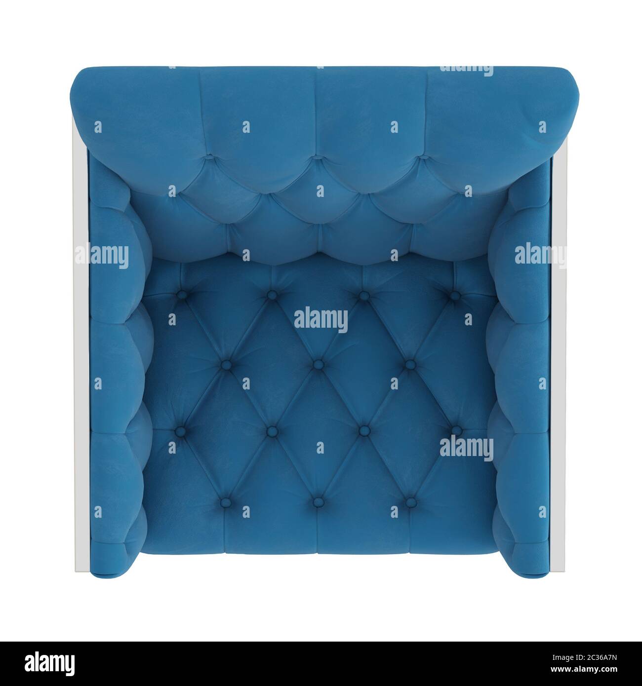 Soft blue quilted armchair on a white background. Top viev. 3d rendering Stock Photo