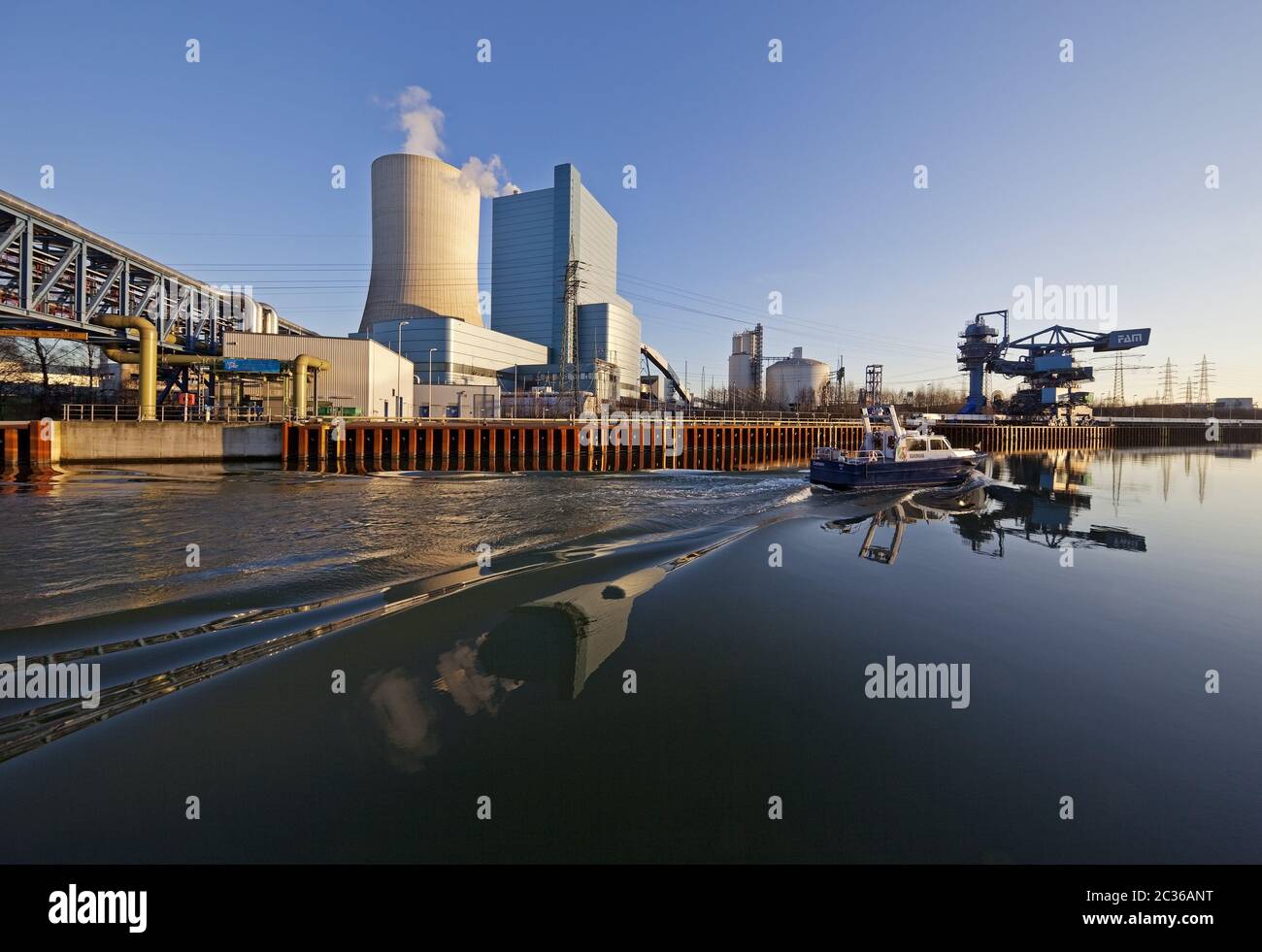 Coal fired power plant Datteln 4 on the Datteln Hamm Canal with ship