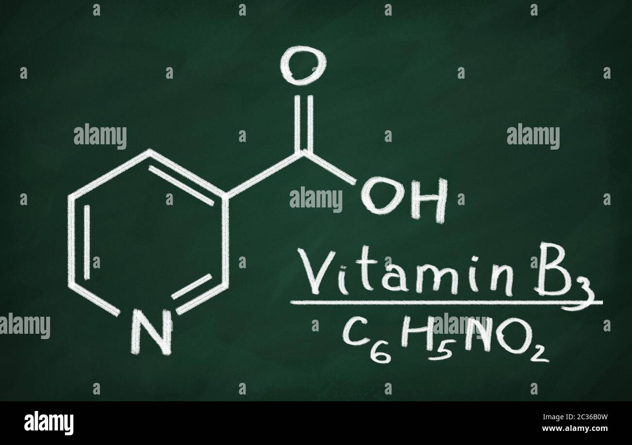 Structural model of Vitamin B3 (Niacine) on the blackboard Stock Photo