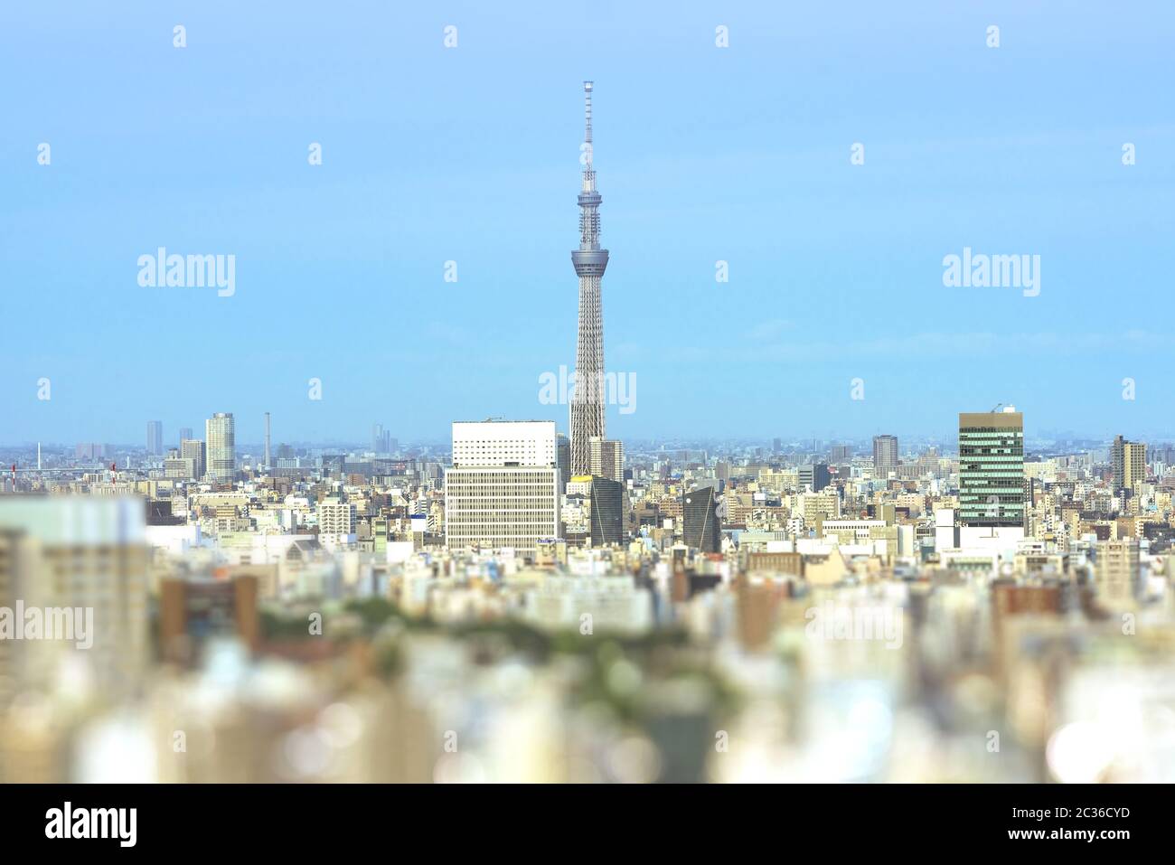 Aerial view in tilt-shift of the city of Tokyo with the skytree tower in the center. Stock Photo