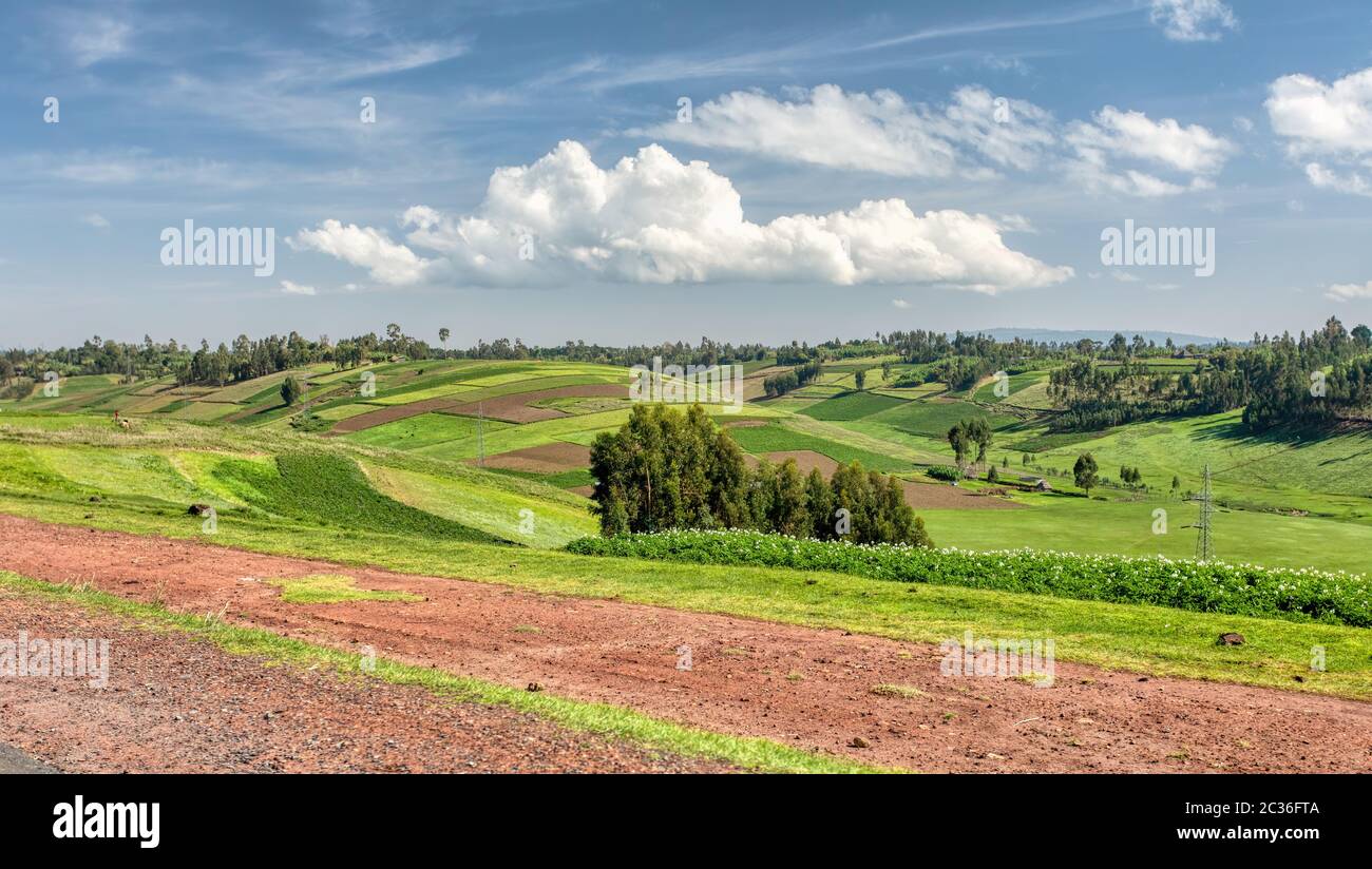 Beautiful mountain landscape with traditional ethiopian terrace fields Oromia Region near city Hawassa. Ethiopia, Africa. Stock Photo