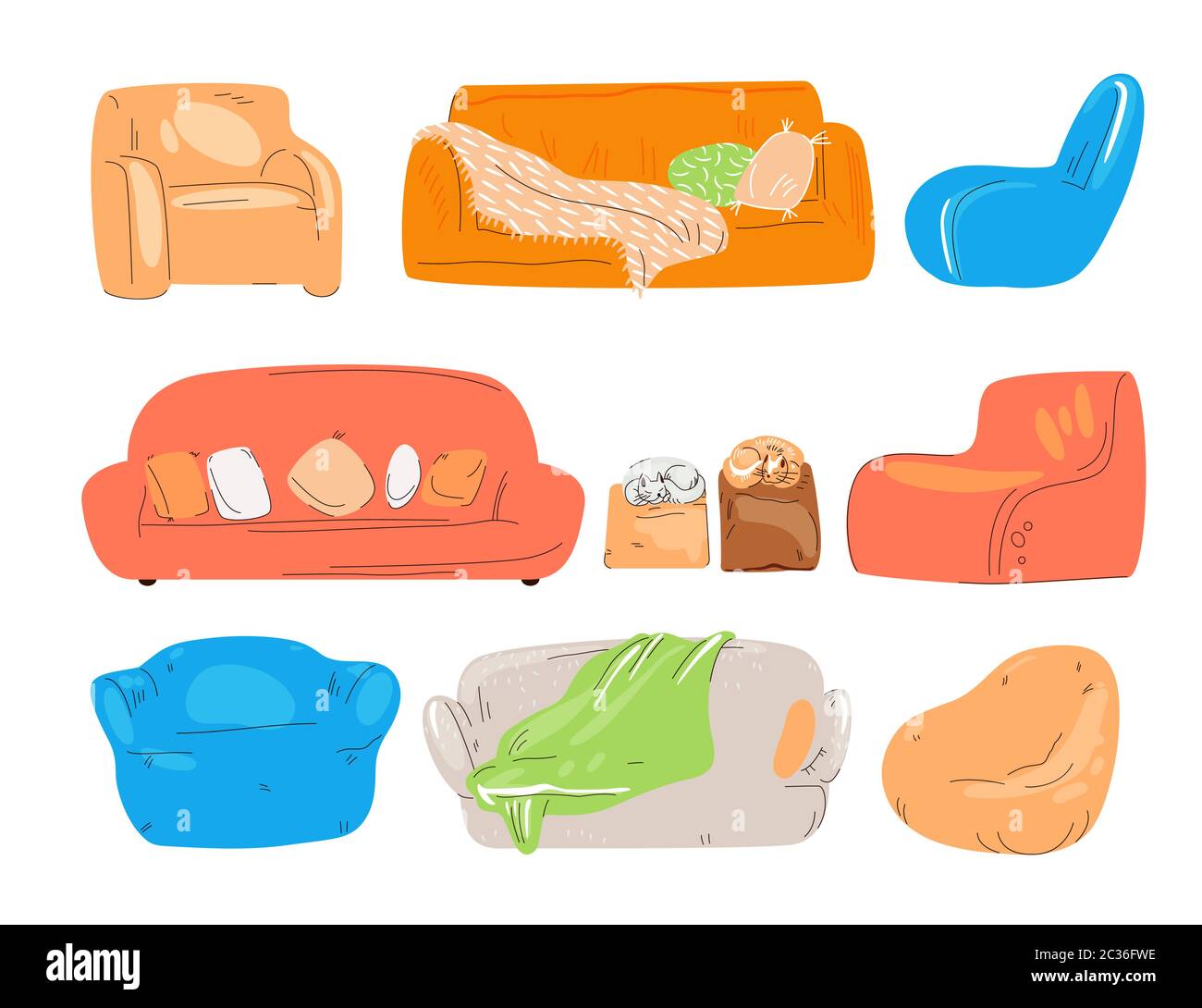 Vector flat set of cozy couch, divan, sofa, chairs, padded stool and armchairs with cat, pillows and blanket. Cozy home and lounge zone for office Stock Vector