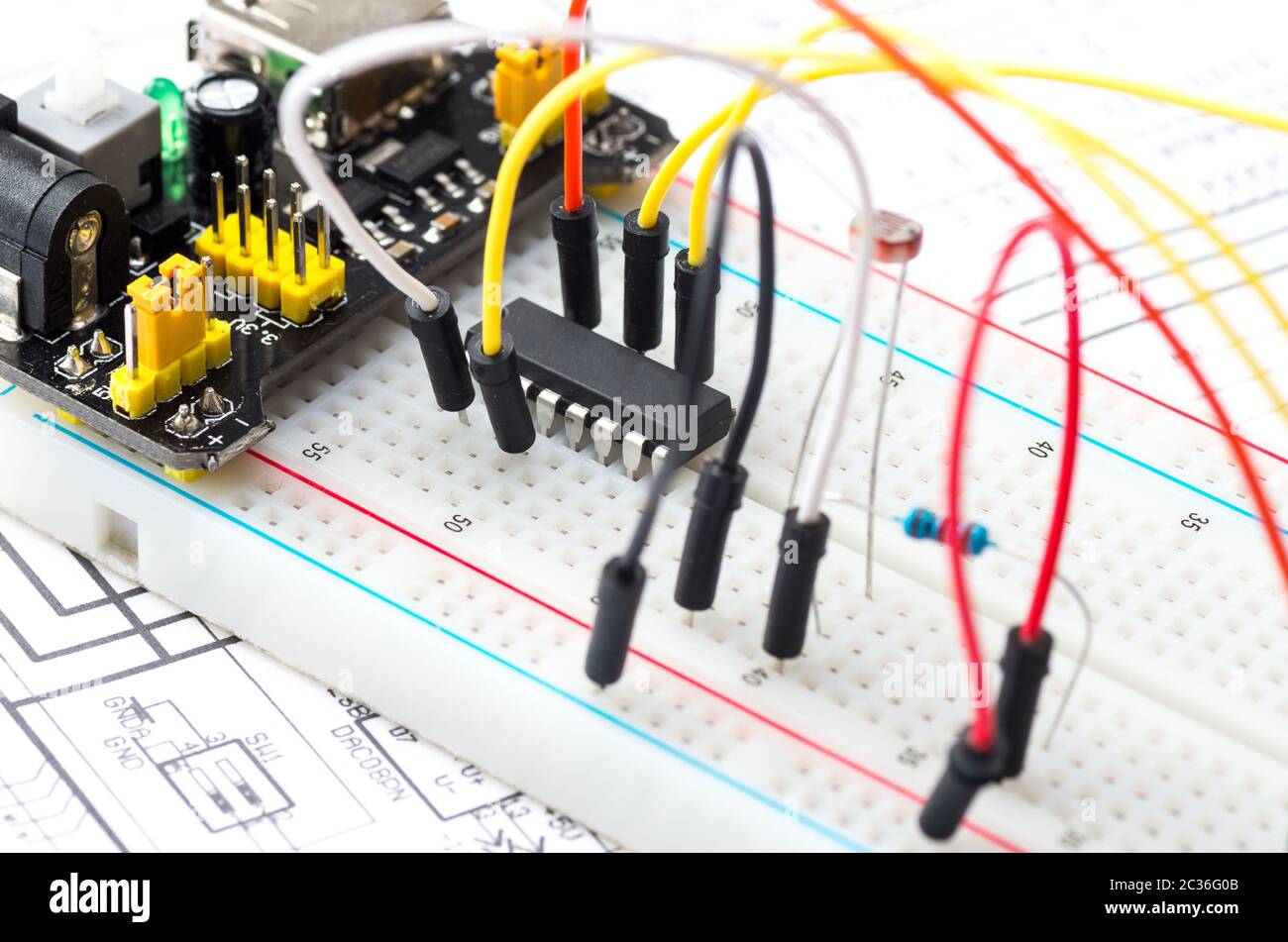 Prototyping electronic board with some components and wires Stock Photo