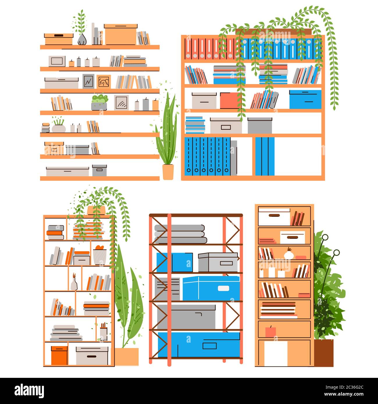 House and Office bookshelf, bookcase, bookrack or stand with boooks, accessories, office paper and folder with greenery, plants in pots. Home and Stock Vector