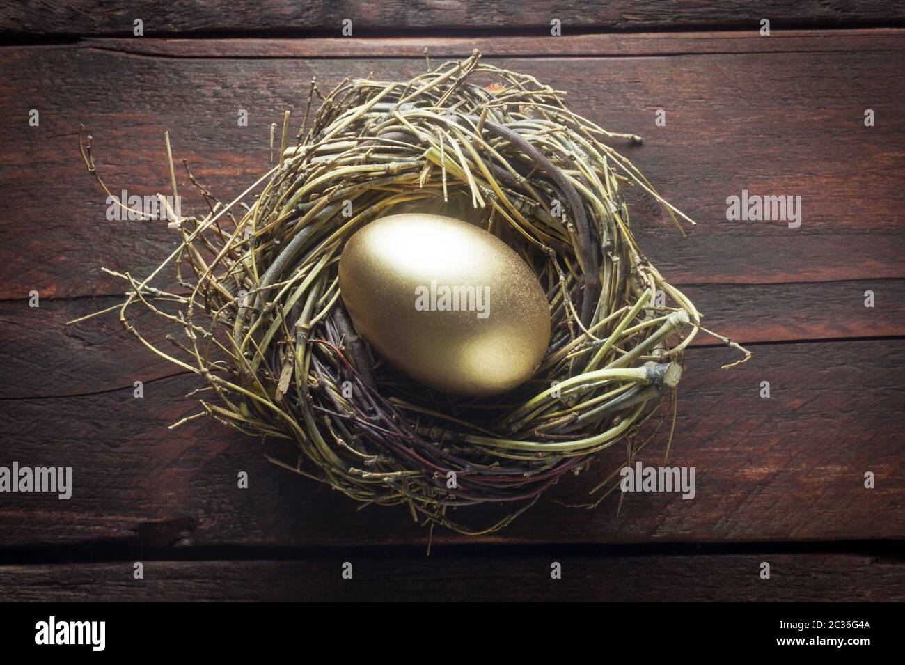 Easter Nest With A Golden Egg On A Wooden Background Stock Photo