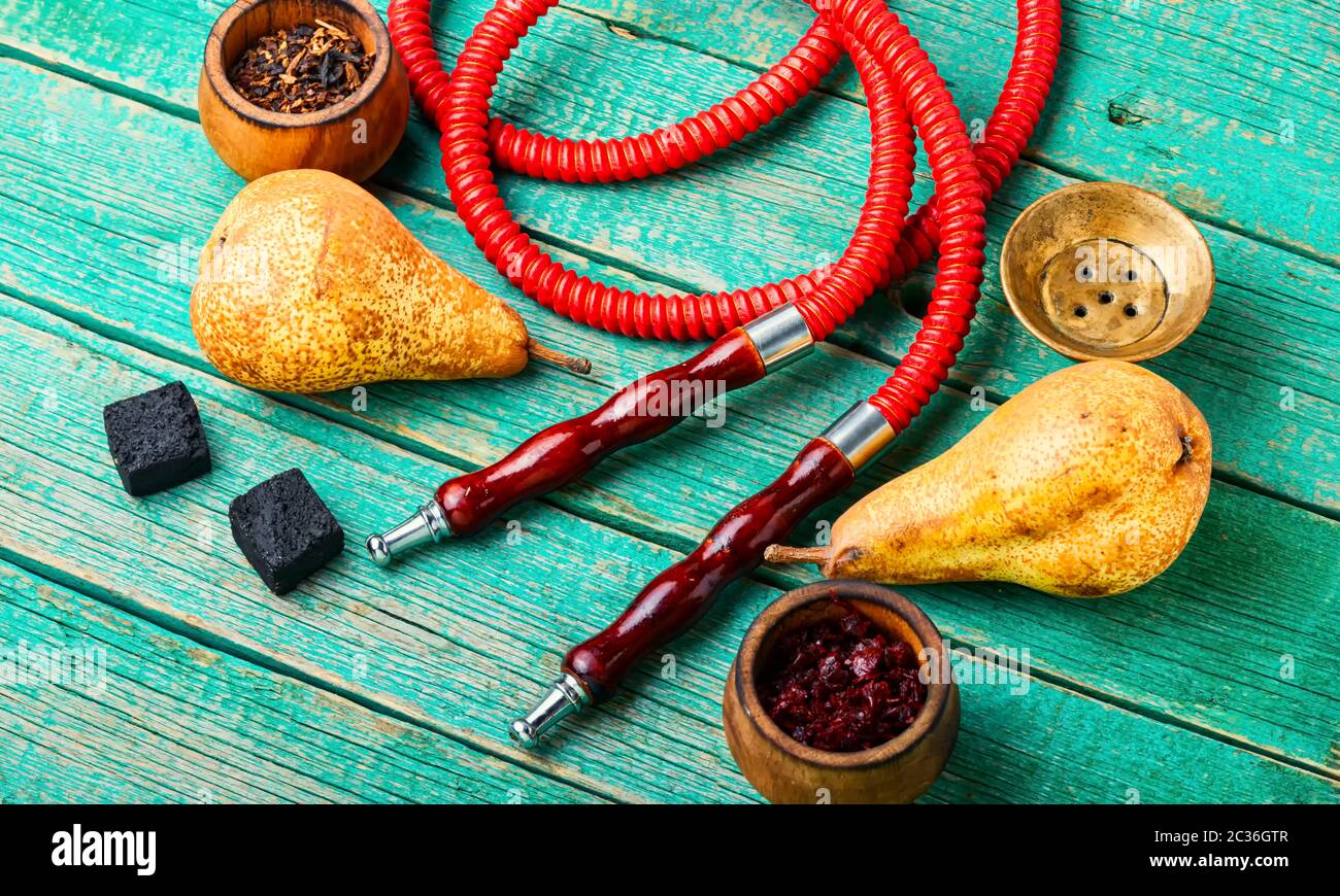 Details of tobacco hookah.Oriental smoking shisha with tobacco.Fruit ...