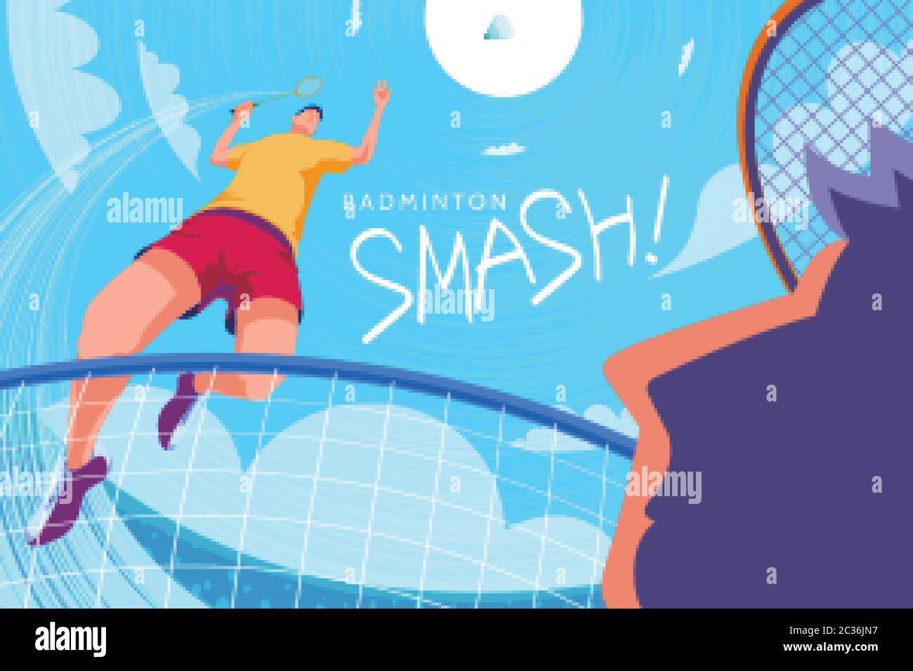 Badminton tournament poster, bottom up view of one player doing jump smash with another player trying to defense, in fish eye view Stock Vector Image and Art