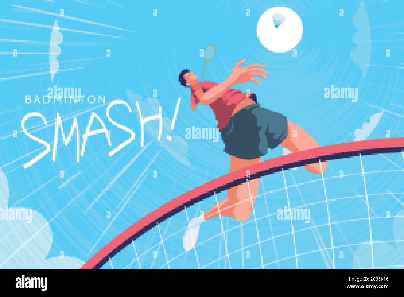 Badminton tournament poster, bottom up view of young energetic player doing super jump smash in fish eye view Stock Vector Image and Art