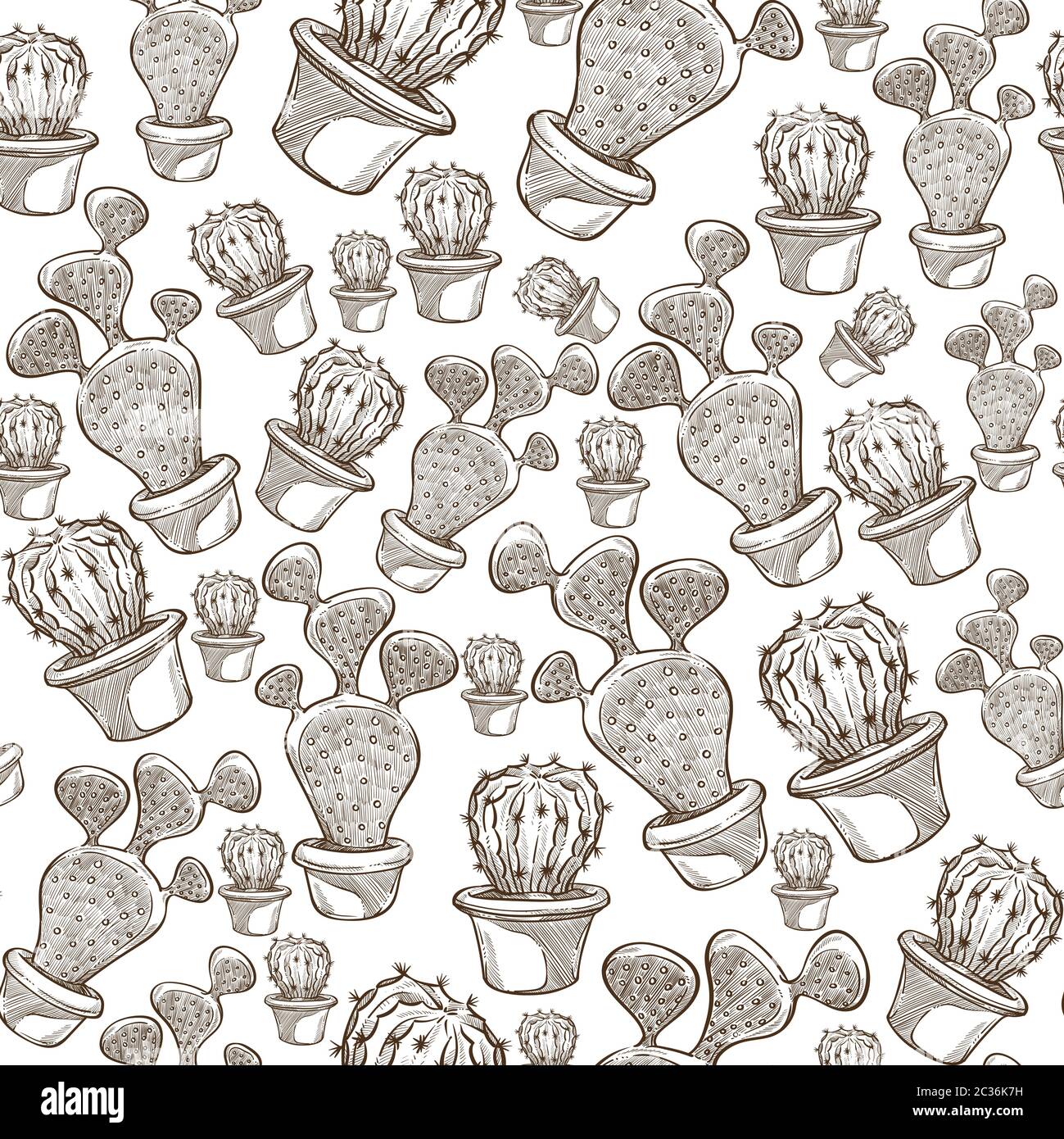 Cactus plant growing in pot, monochrome seamless pattern Stock Vector