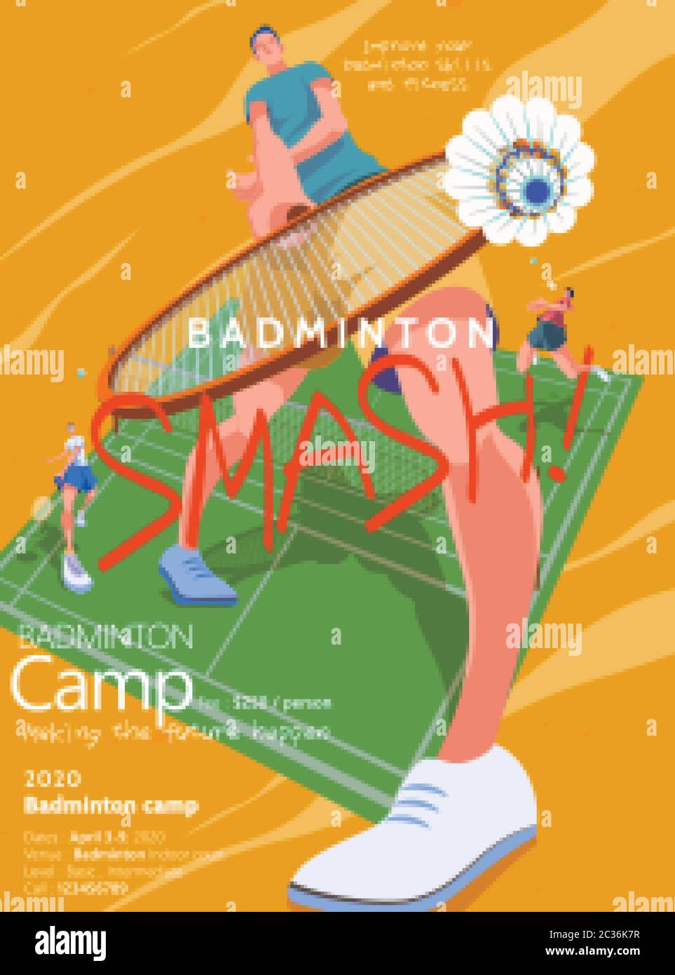 Badminton camp promotion poster, male character doing drop shot decorated  with badminton court on abstract background Stock Vector Image & Art - Alamy