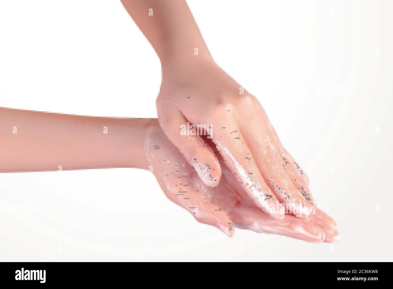 Realistic close-up of young woman washing her hands with creamy lather, isolated on white background, 3d illustration Stock Vector