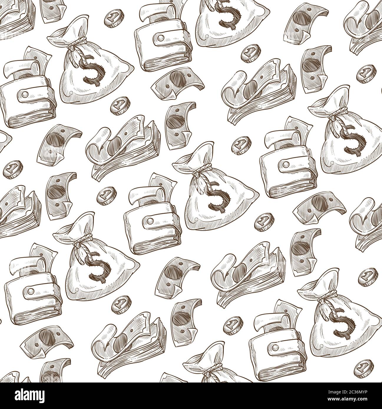 Bags and wallets filled with money seamless pattern Stock Vector