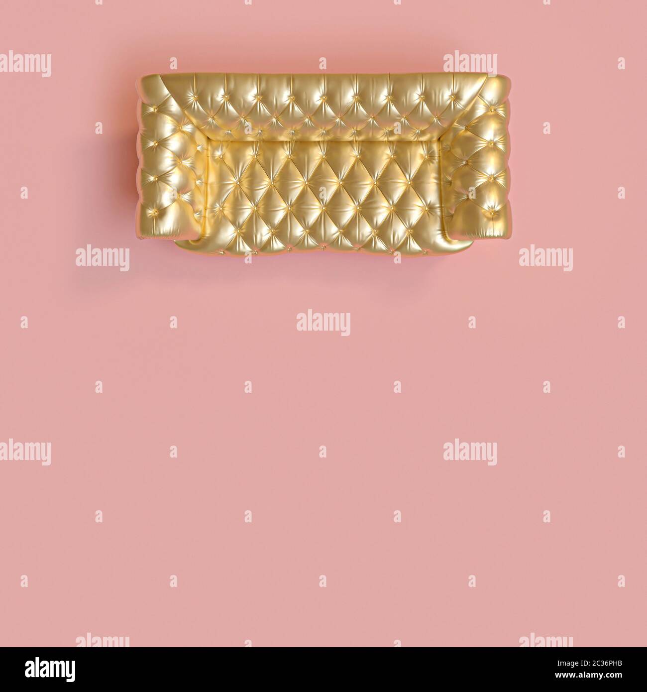 top view of a classic gold-colored tufted sofa on a pink background. 3d render image Stock Photo