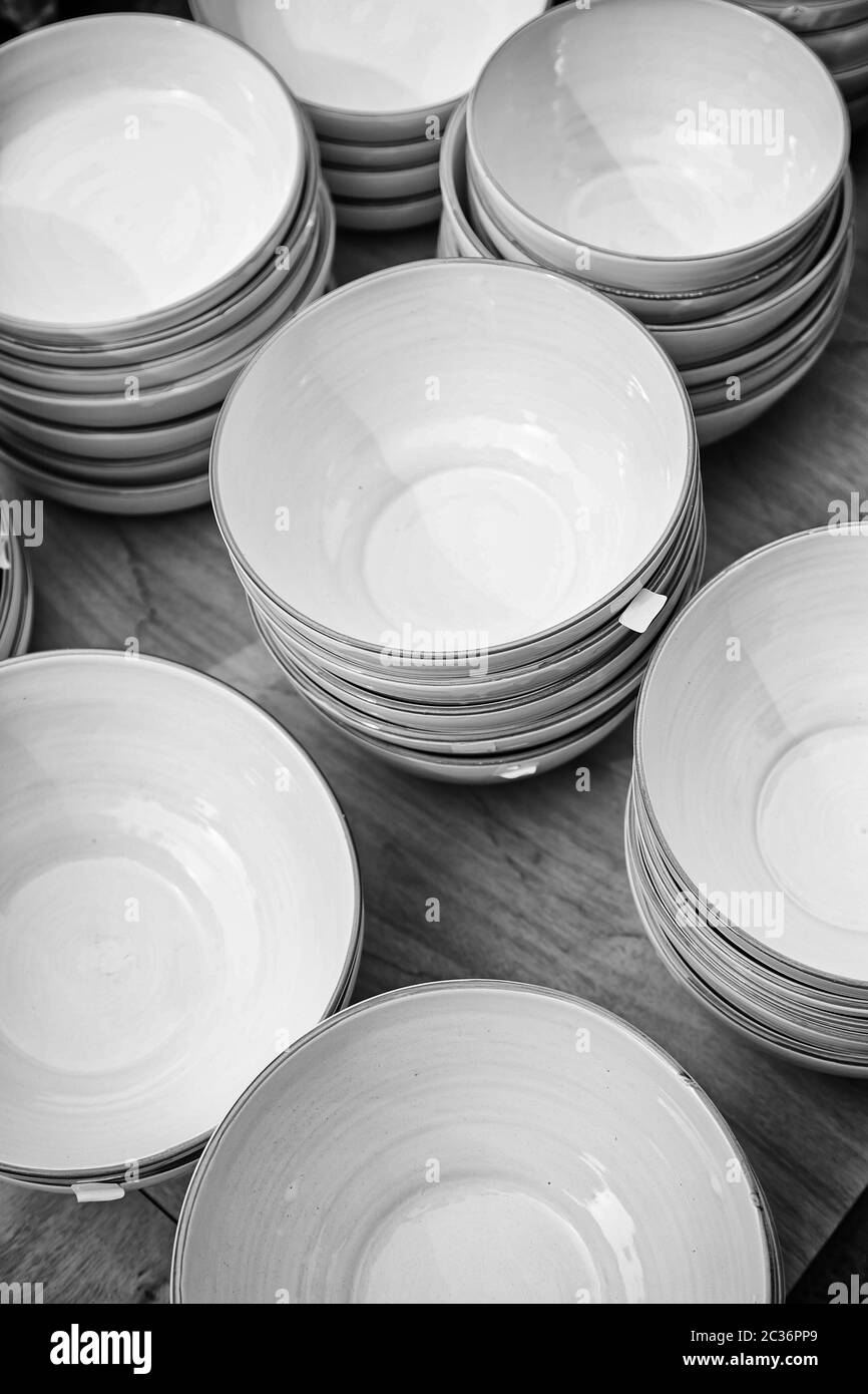 White dishes craft, handicraft detail Spanish, clay, craft Stock Photo