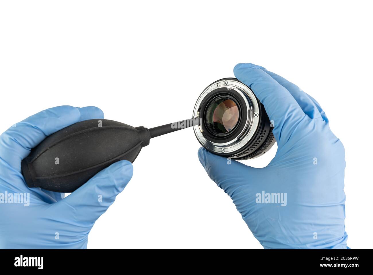 professional cleaning of a camera objectives with a bellow and gloves