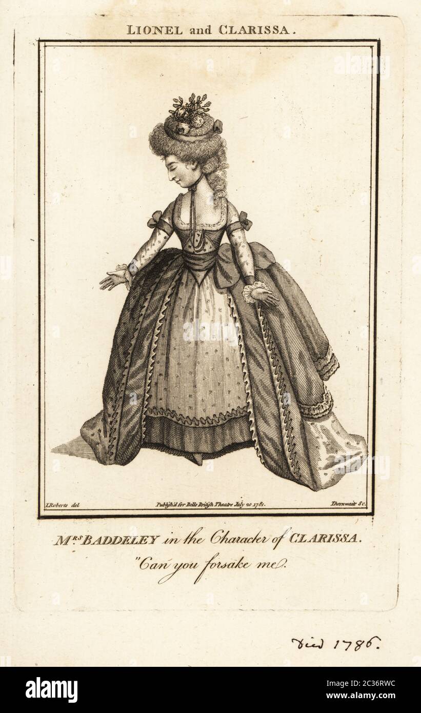 Mrs Sophia Baddeley in the character of Clarissa in Isaac Bickerstaff’s Lionel and Clarissa, Drury Lane Theatre, 1770. Sophia Snow (1745-1786) was an English actress, singer and courtesan, married to the actor Richard Baddeley. Copperplate engraving by J. Thornthwaite after an illustration by James Roberts from Bell’s British Theatre, Consisting of the most esteemed English Plays, John Bell, London, 1781. Stock Photo