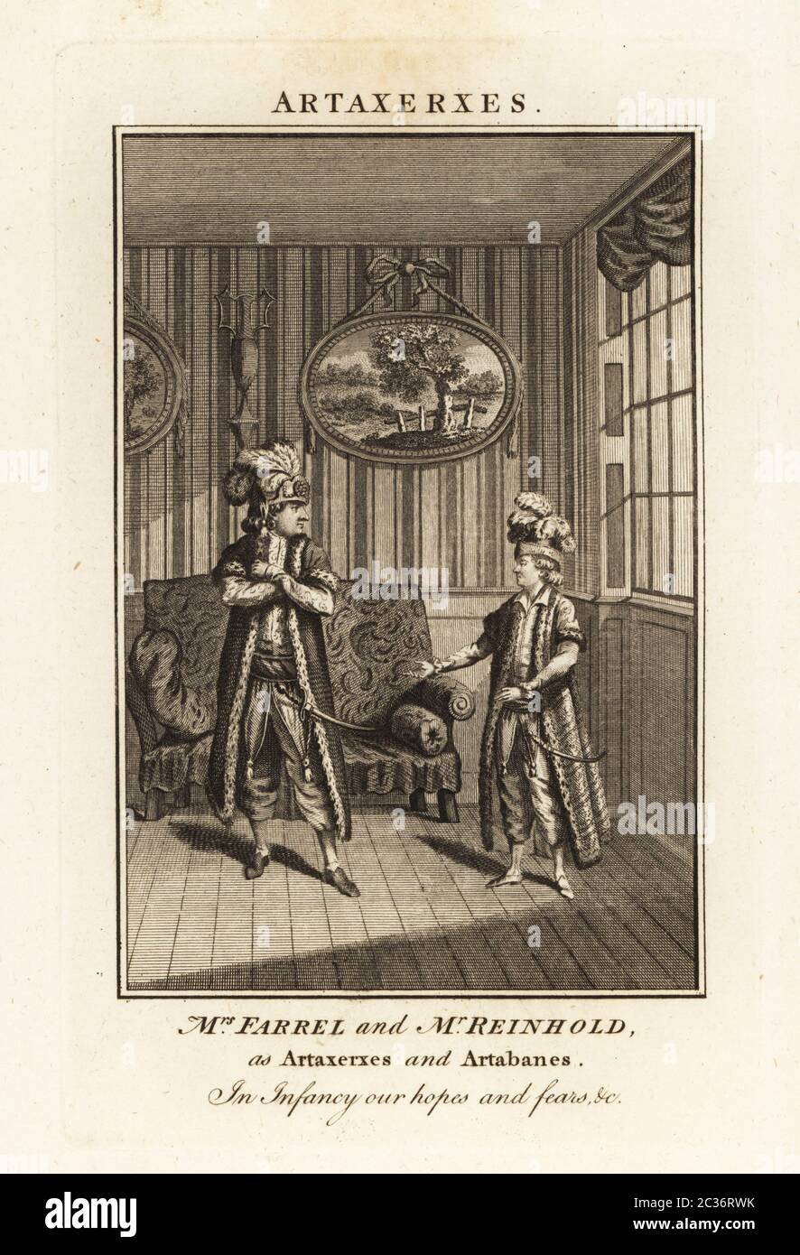 Mrs. Margaret Farrel and Mr. Charles Frederick Reinhold in Persian costume as Artaxerxes and Artabanes in Thomas Arne’s opera Artaxerxes, 1777. Farrell, born Margaret Doyle and later Margaret Kennedy, was a contralto singer and actress (died 1793) Reinhold was an organist, music teacher and later singer on stage and at pleasure gardens, 1741-1815. Copperplate engraving from The Universal Magazine, J. Lowndes, London, 1778. Stock Photo