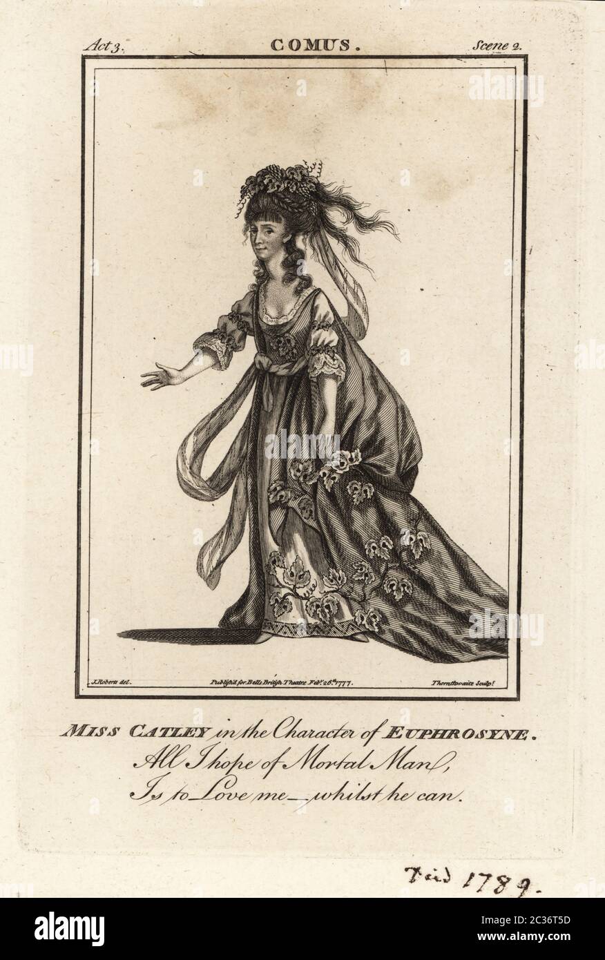 Miss Ann Catley in the character of Euphrosyne in John Milton’s Comus, Covent Garden Theatre, 1772. Ann Catley, or Ann Lascelles, was an English singer and actress 1745–1789. Copperplate engraving by J. Thornthwaite after an illustration by James Roberts from Bell’s British Theatre, Consisting of the most esteemed English Plays, John Bell, London, 1781. Stock Photo