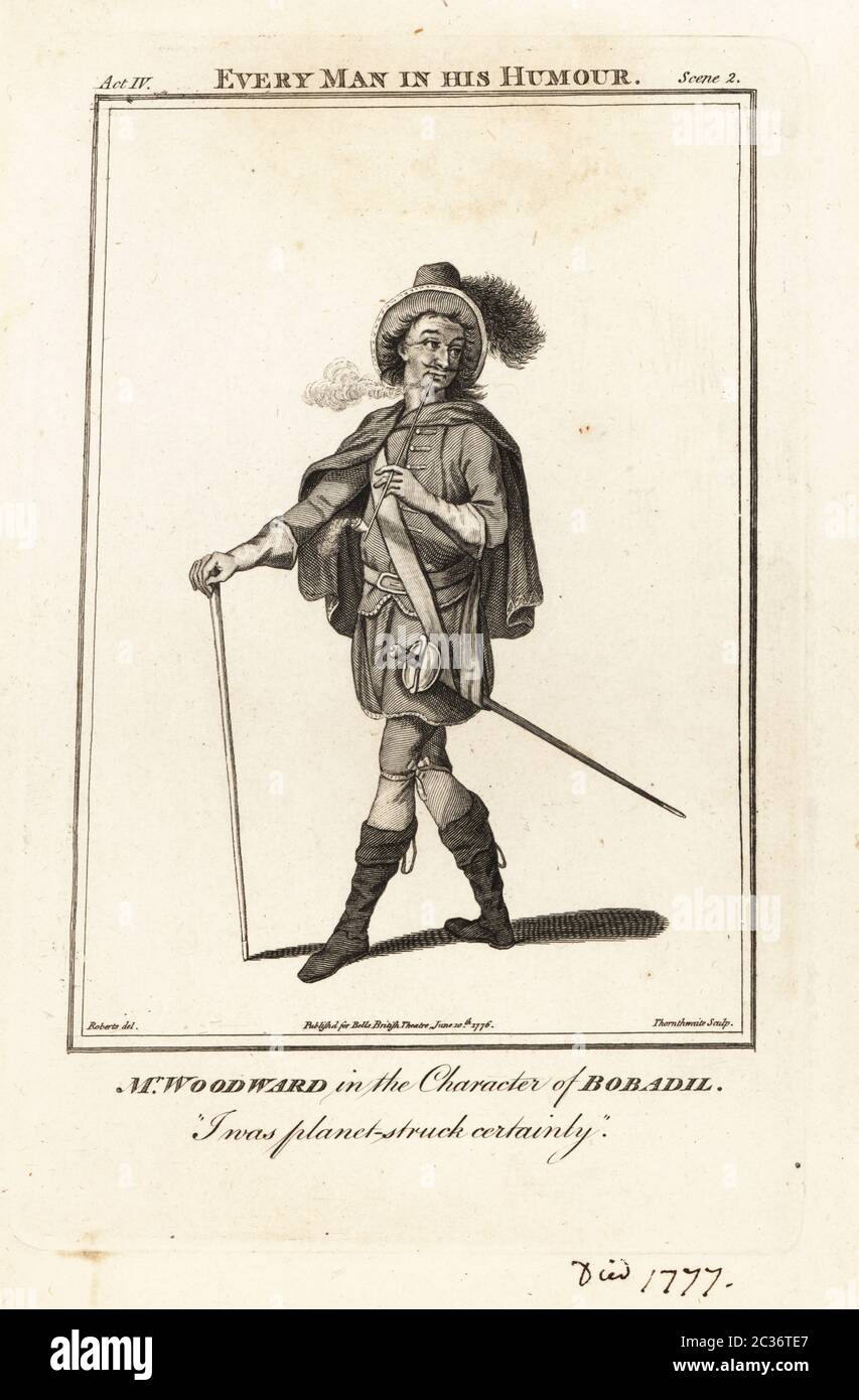 Mr Henry Woodward in the character of Bobadil in Ben Jonson’s Every Man in his Humour. Woodward was an English actor famous for comedy roles, 1714-1777. Copperplate engraving by J. Thornthwaite after an illustration by James Roberts from Bell’s British Theatre, Consisting of the most esteemed English Plays, John Bell, London, 1776. Stock Photo