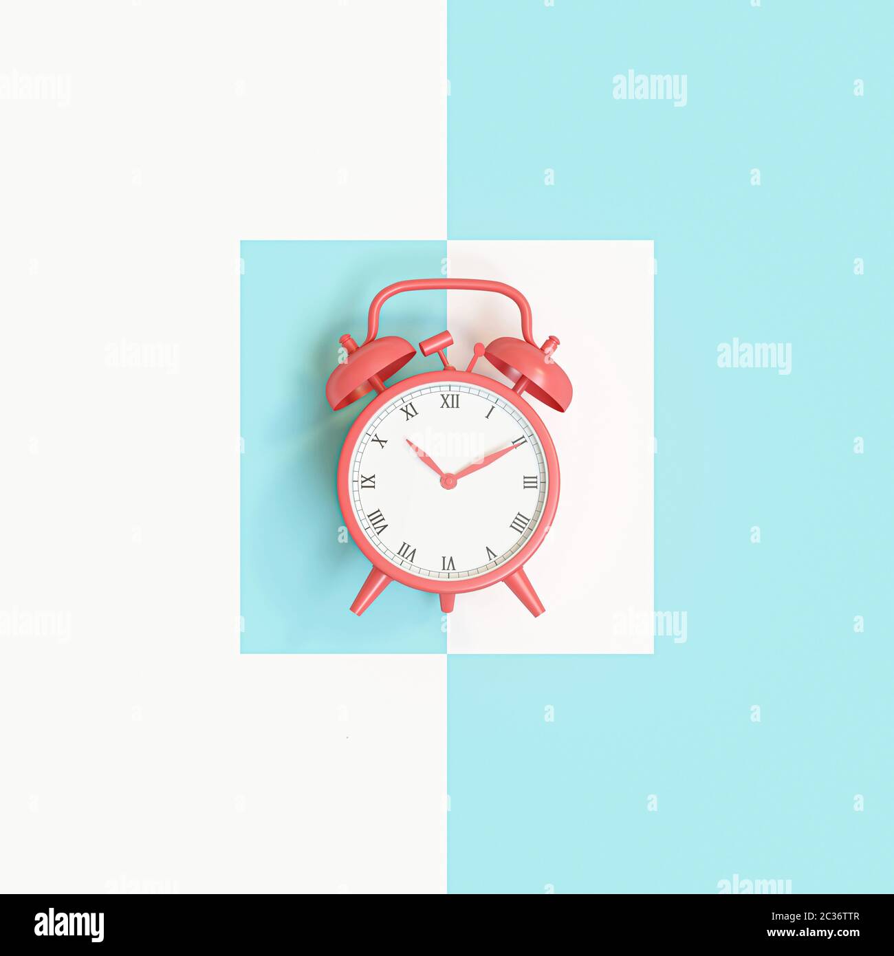 3d image render of a classic coral alarm clock on a blue and white background Stock Photo