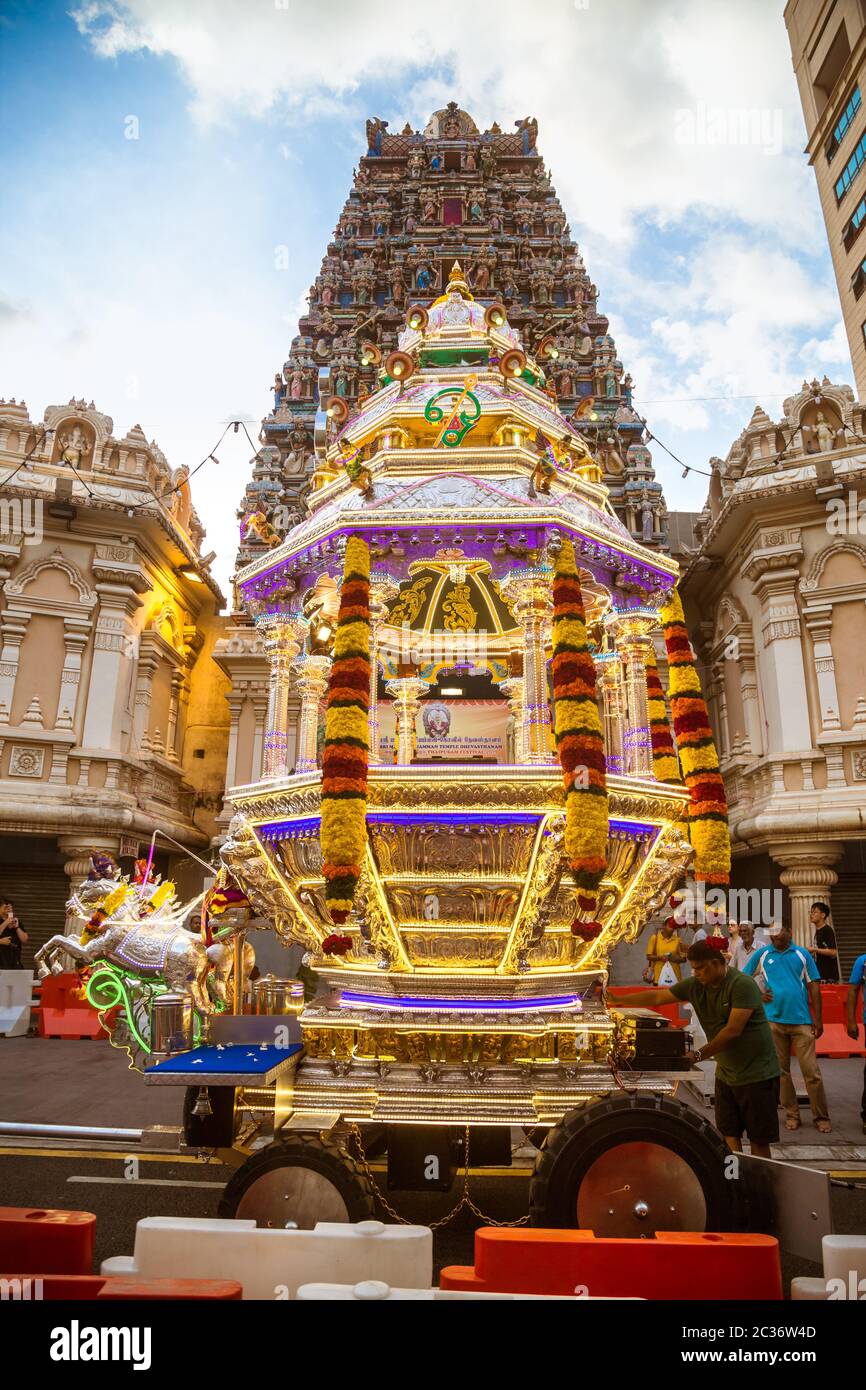 Religious chariot preparation for Thaipusam procession at Sri Maha Mariamman Temple, Kuala Lumpur, Malaysia. Stock Photo