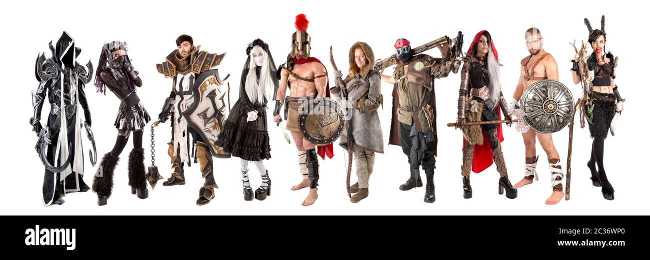 Group of people in costumes, cosplying isolated in white Stock Photo ...