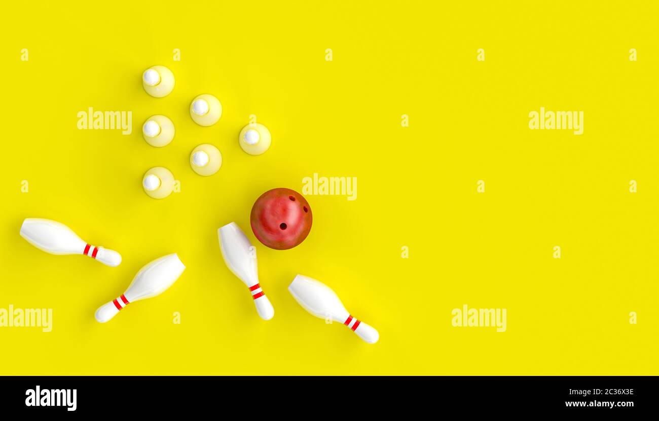 3d render image with bowling, ball and skittles on a yellow background
