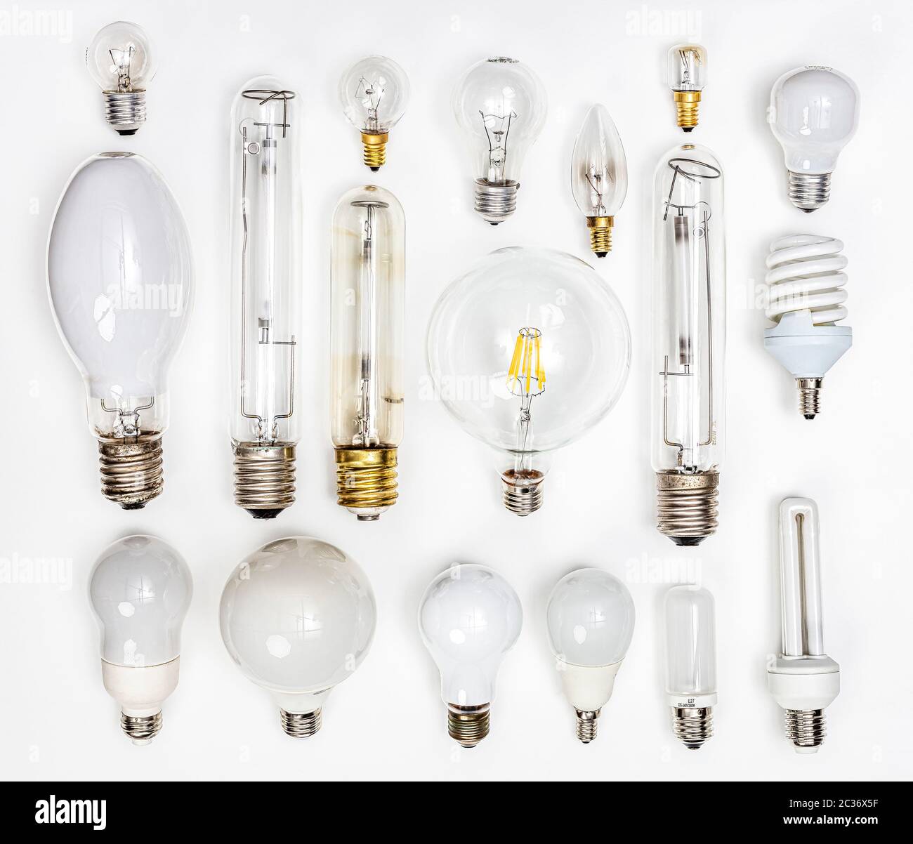 collection of different tungsten led bulbs and low consumption on white