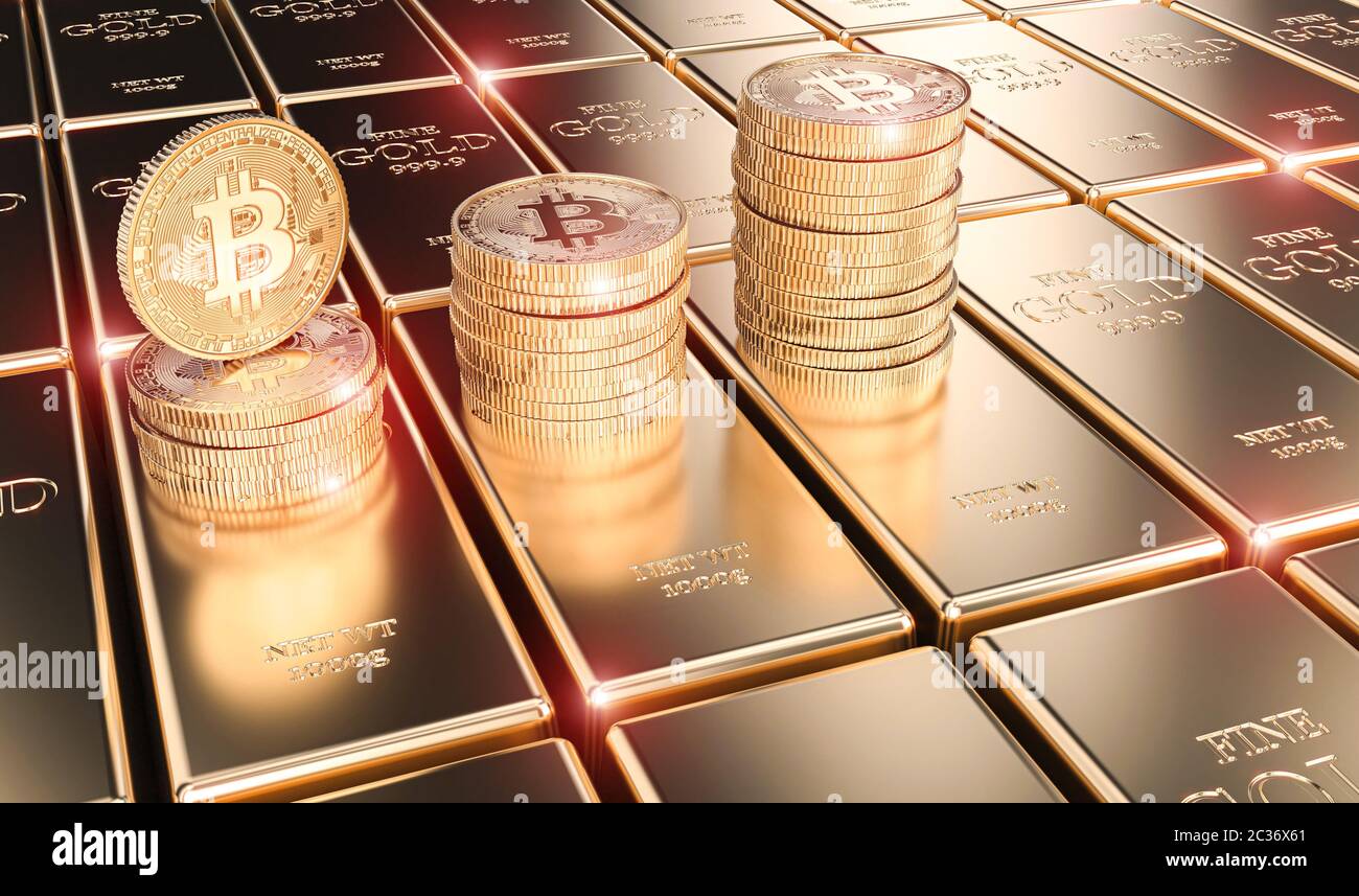 3d image render of bitcoin coins on gold bars, concept of crypto ...