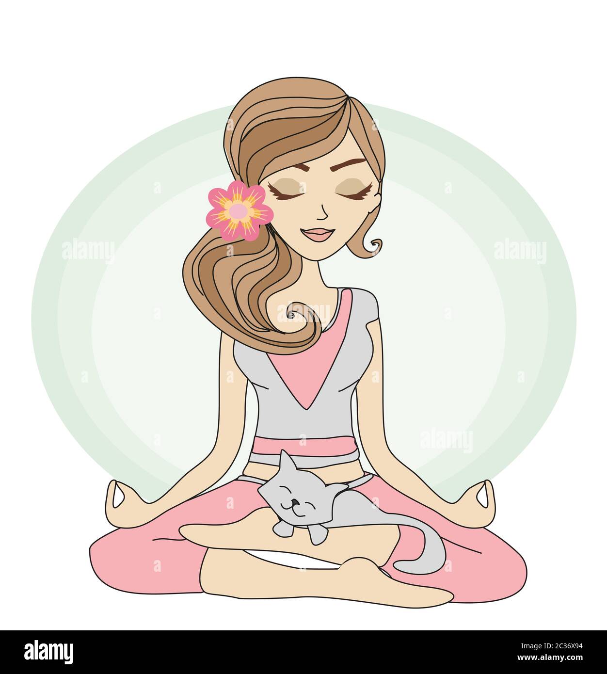 Yoga girl in lotus position and her sweet cat Stock Photo