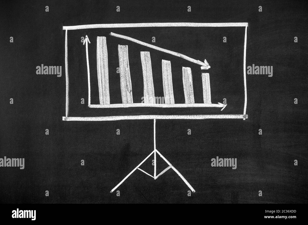 Projector screen drawn on the blackboard. The display shows the decline graph. Stock Photo