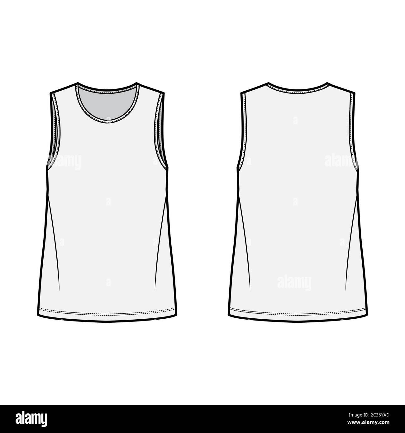 Download T Shirt Technical Fashion Illustration With Crew Neck Fitted Oversized Body Sleeveless Flat Style Apparel Template Front And Back Grey Color Women And Men Unisex Garment Mockup For Designer Stock Vector Image