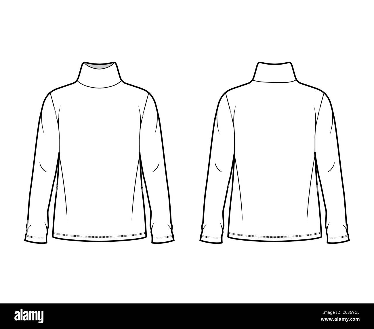 Cotton jersey top technical fashion illustration with turtleneck, tunic length oversized body