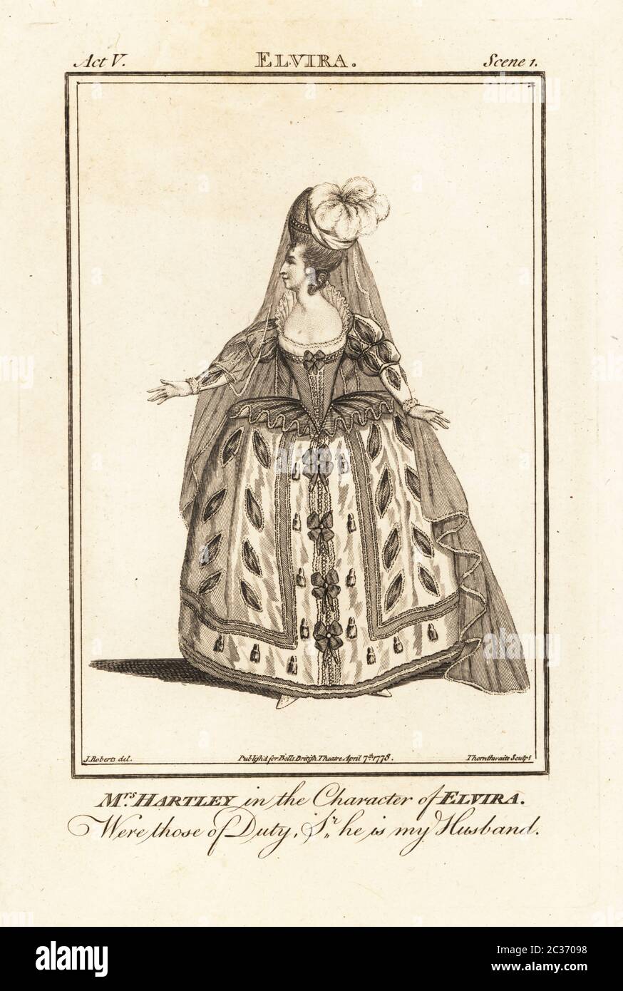Mrs Elizabeth Hartley in the character of Elvira in David Mallet’s Elvira. However, the play was not performed in London in the during her career. Elizabeth Hartley was a famous actor on the London stage and scandalous figure, 1750?–1824. Copperplate engraving by J. Thornthwaite after an illustration by James Roberts from Bell’s British Theatre, Consisting of the most esteemed English Plays, John Bell, London, 1778. Stock Photo