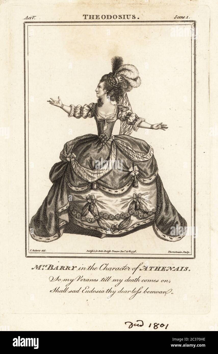 Mrs Ann Barry in the character of Athenais in Nathaniel Lee’s Theodosius, King’s Theatre, 1766. Ann Street, 1734-1801, was a leading actress of the 18th century appearing as Mrs Dancer, Mrs. Barry and Mrs. Crawford. Copperplate engraving by J. Thornthwaite after an illustration by James Roberts from Bell’s British Theatre, Consisting of the most esteemed English Plays, John Bell, London, 1776. Stock Photo