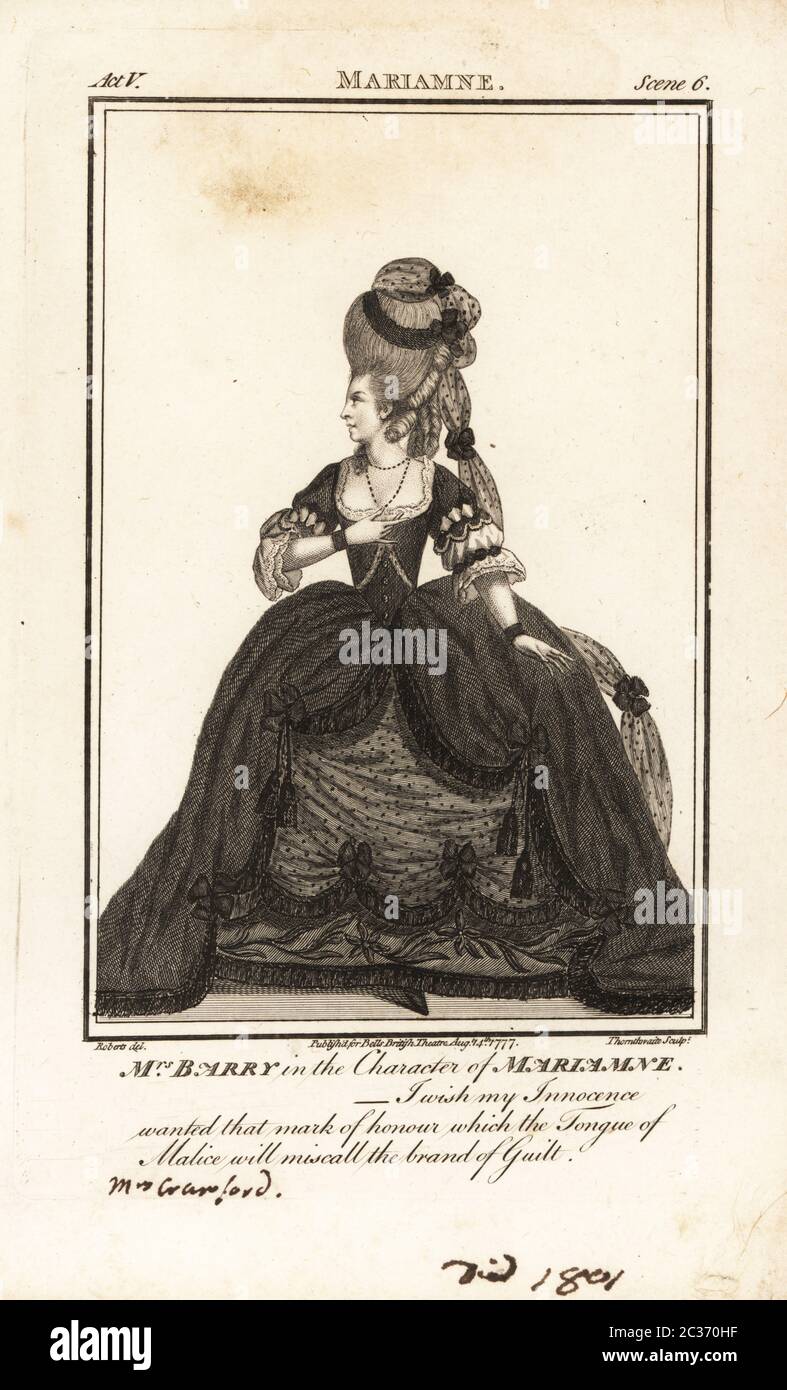 Mrs Ann Barry in the character of Athenais in Nathaniel Lee’s Theodosius, King’s Theatre, 1766. Ann Street, 1734-1801, was a leading actress of the 18th century appearing as Mrs Dancer and later Mrs. Barry and Mrs Crawford. Copperplate engraving by J. Thornthwaite after an illustration by James Roberts from Bell’s British Theatre, Consisting of the most esteemed English Plays, John Bell, London, 1776. Stock Photo