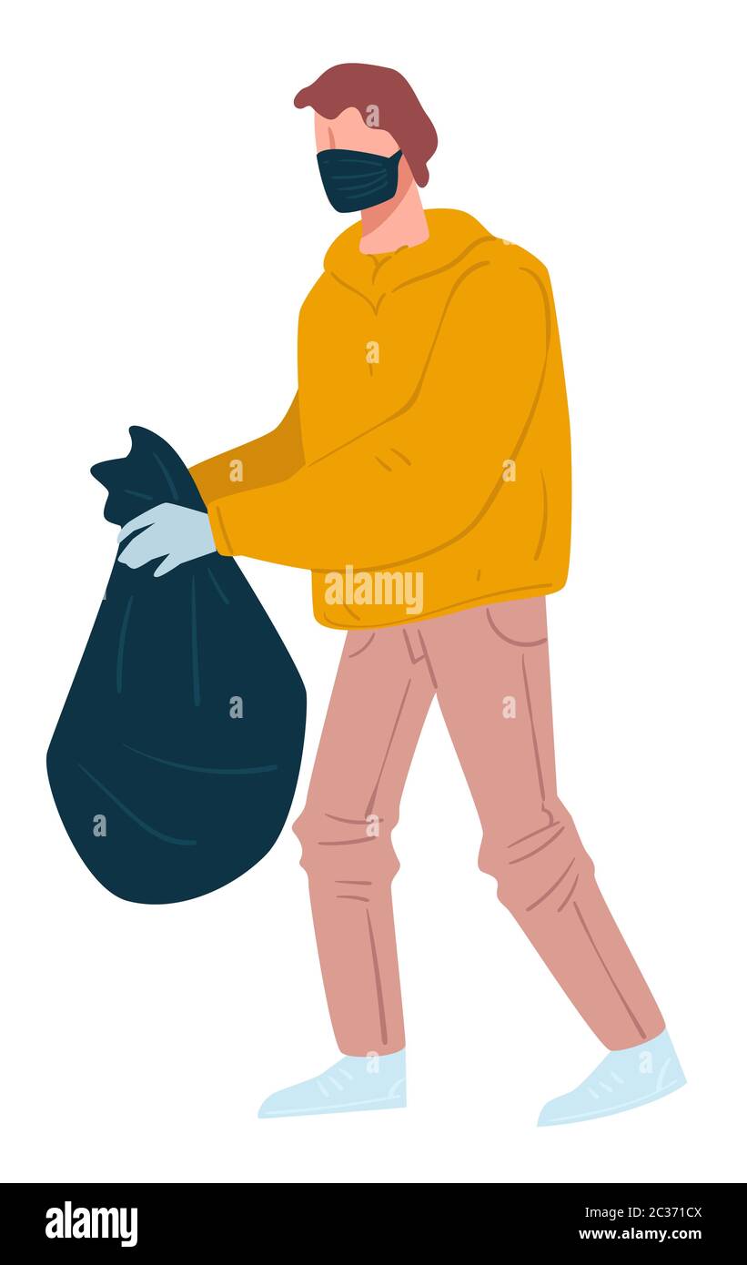 Man throwing trash, male wearing gloves and mask Stock Vector