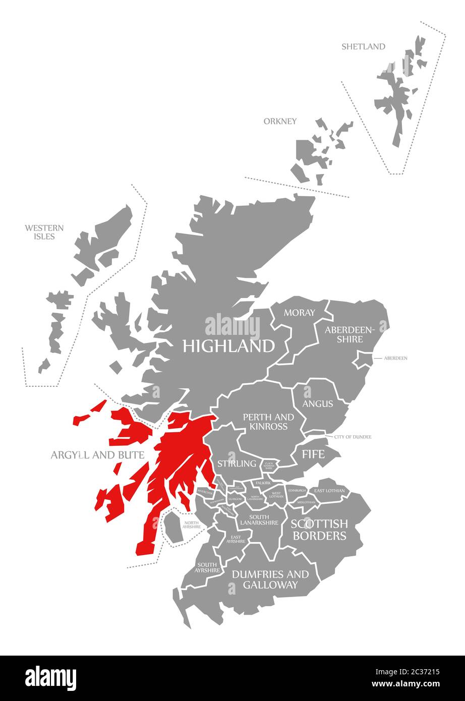 Argyll and Bute red highlighted in map of Scotland UK Stock Photo