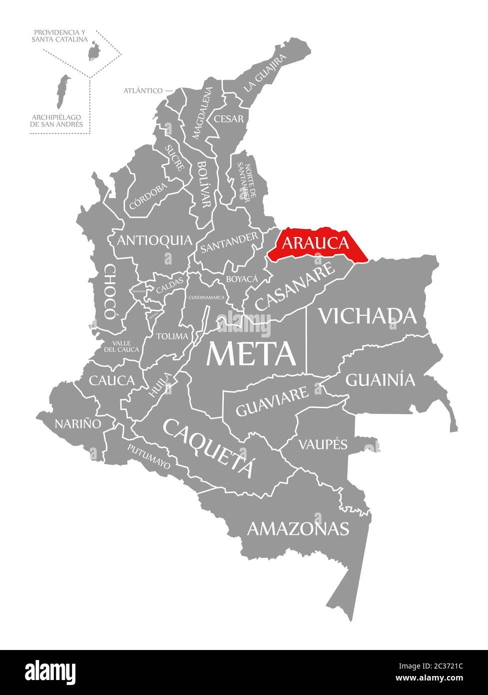 Arauca red highlighted in map of Colombia Stock Photo