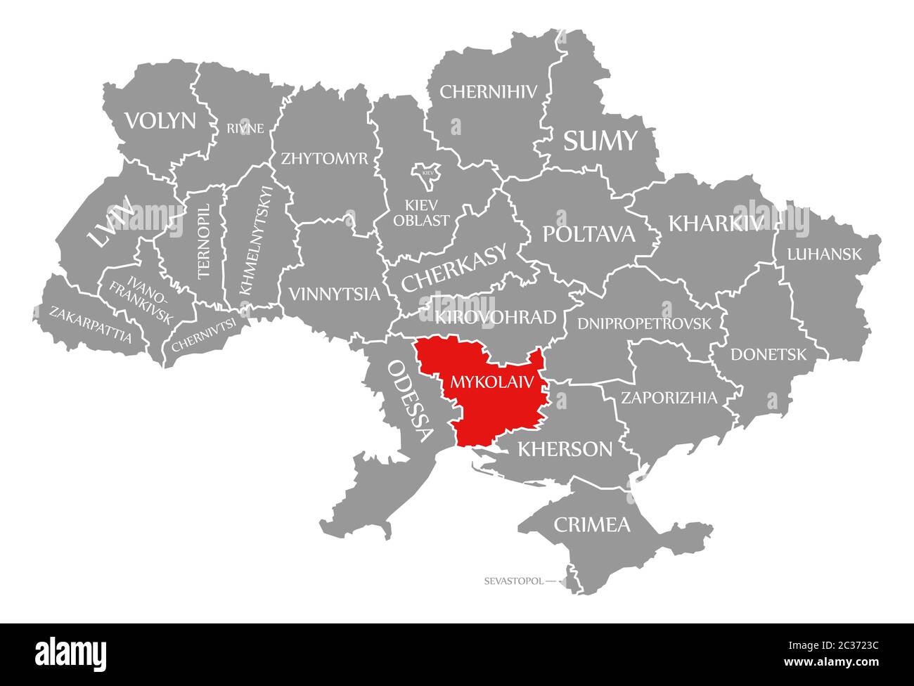 Mykolaiv red highlighted in map of the Ukraine Stock Photo
