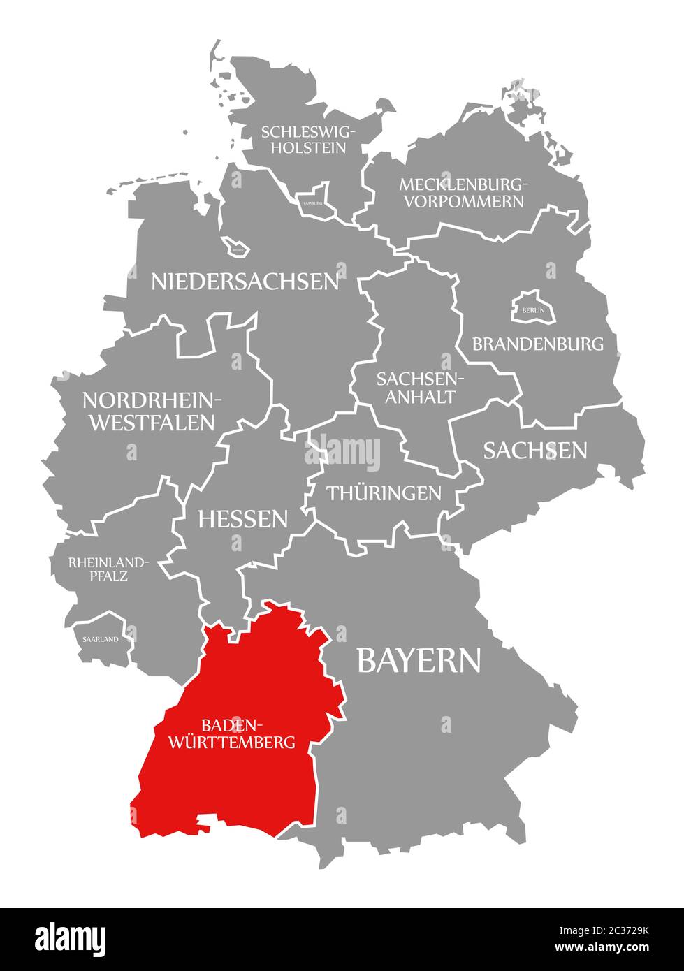 Baden Wuerttemberg red highlighted in map of Germany Stock Photo