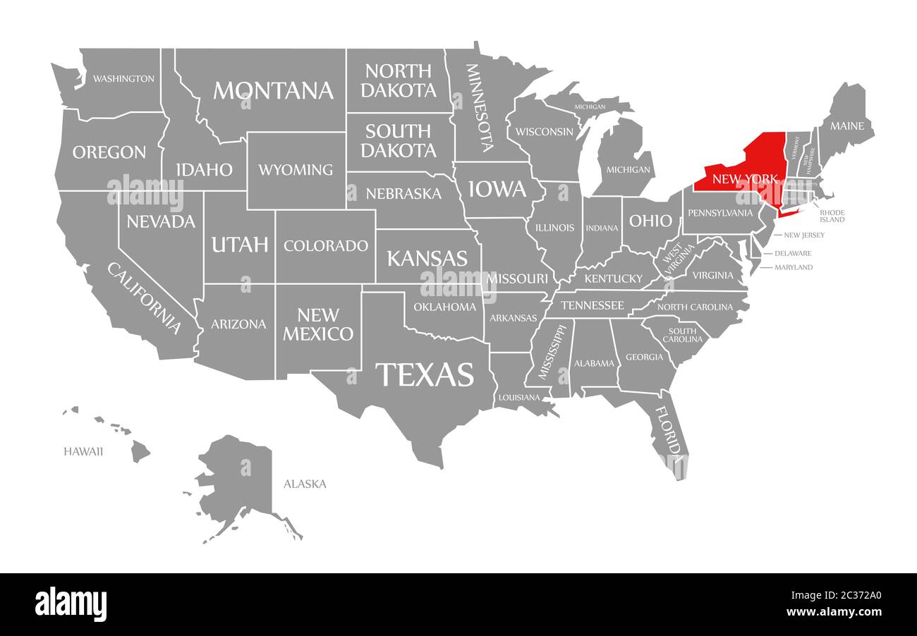 New York red highlighted in map of the United States of America Stock Photo
