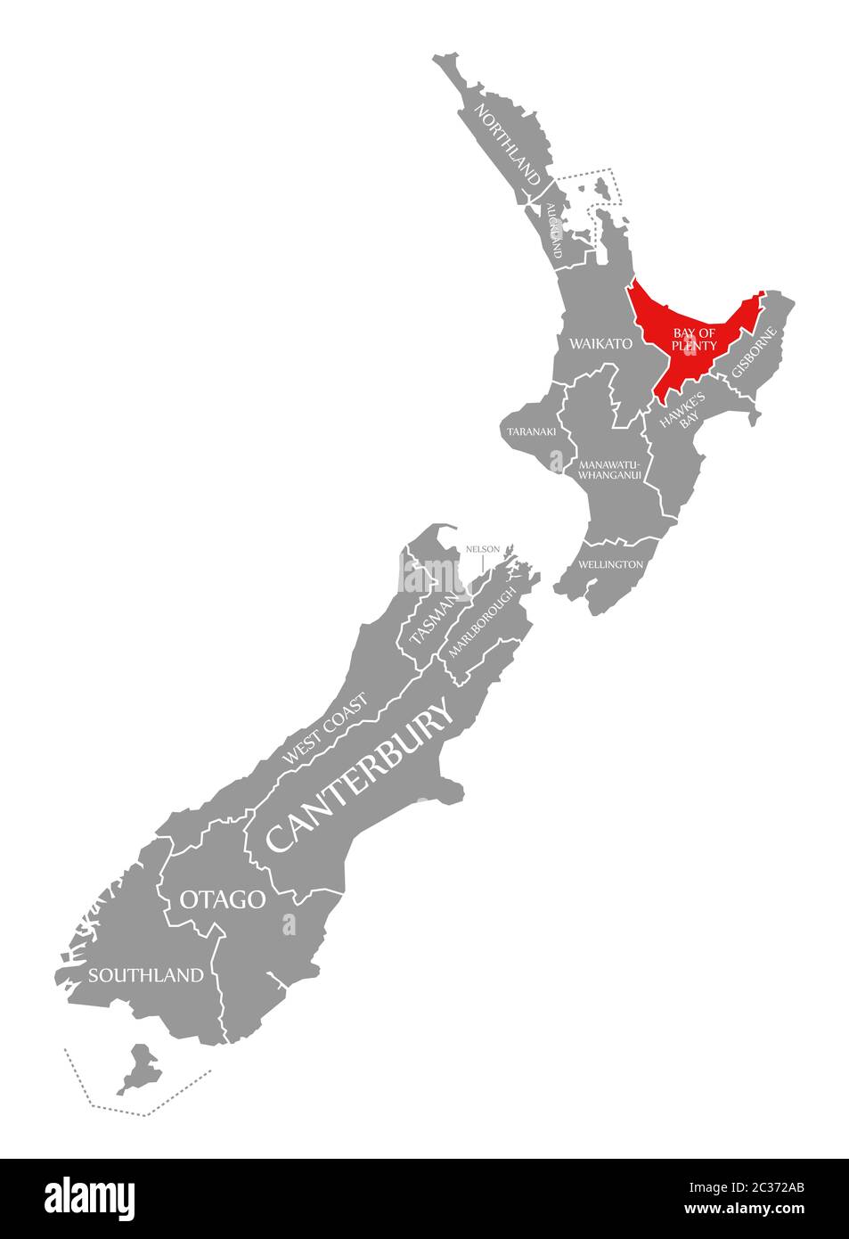 Bay of Plenty red highlighted in map of New Zealand Stock Photo Alamy