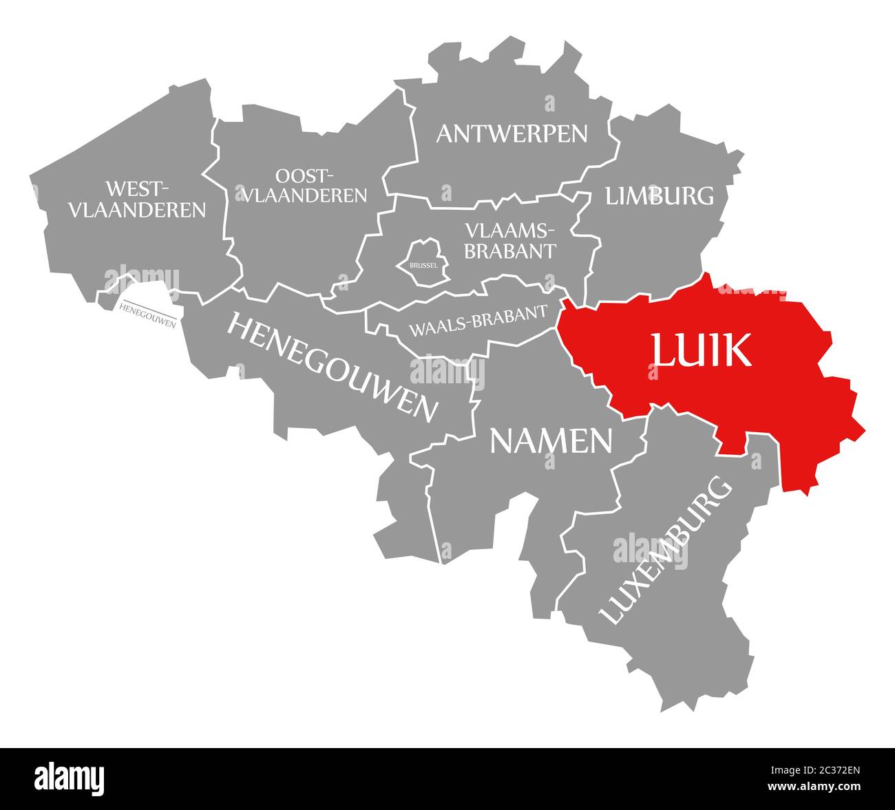 Liege red highlighted in map of Belgium Stock Photo