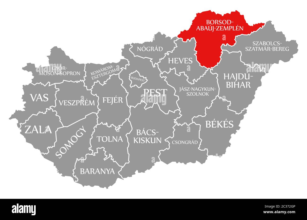 BorsodAbaujZemplen red highlighted in map of Hungary Stock Photo Alamy