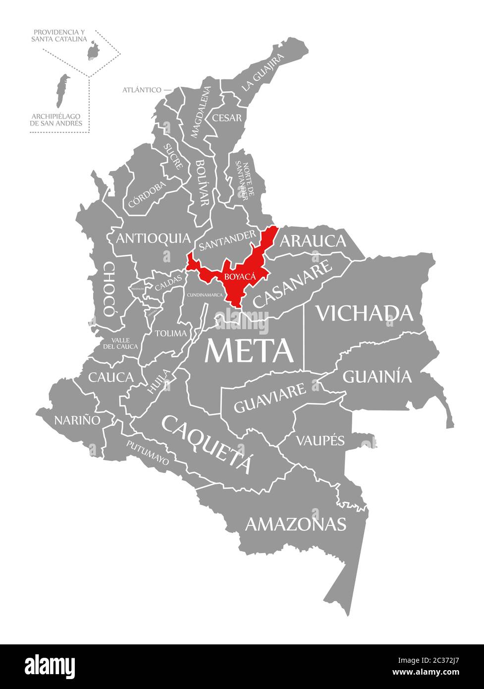 Boyaca red highlighted in map of Colombia Stock Photo