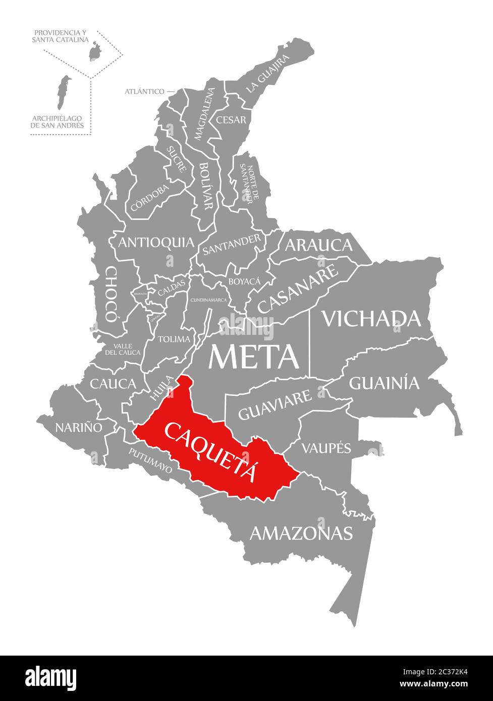 Caqueta red highlighted in map of Colombia Stock Photo